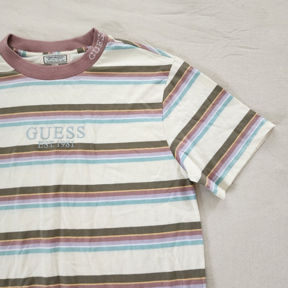 Guess Originals striped muted tee embroidery spellout mens small - Picture 1 of 7